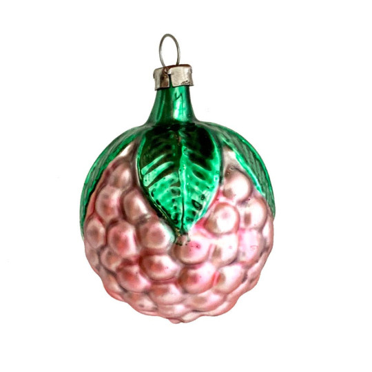 Light Pink Berry with Green Leaves Blown Glass Christmas Ornament ~ Germany ~ 2-1/4" tall
