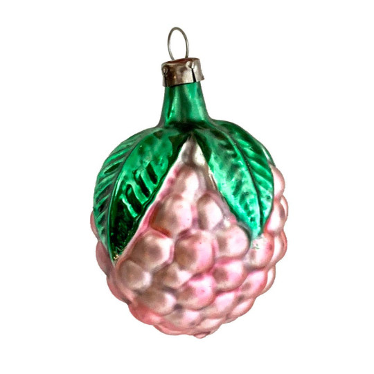 Light Pink Berry with Green Leaves Blown Glass Christmas Ornament ~ Germany ~ 2-1/4" tall