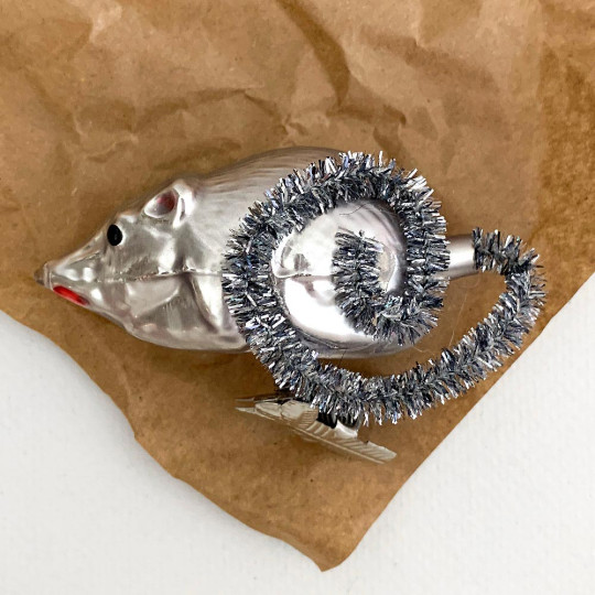 Mouse with Tinsel Tail Clipping Blown Glass Ornament ~ Germany ~ 3" long
