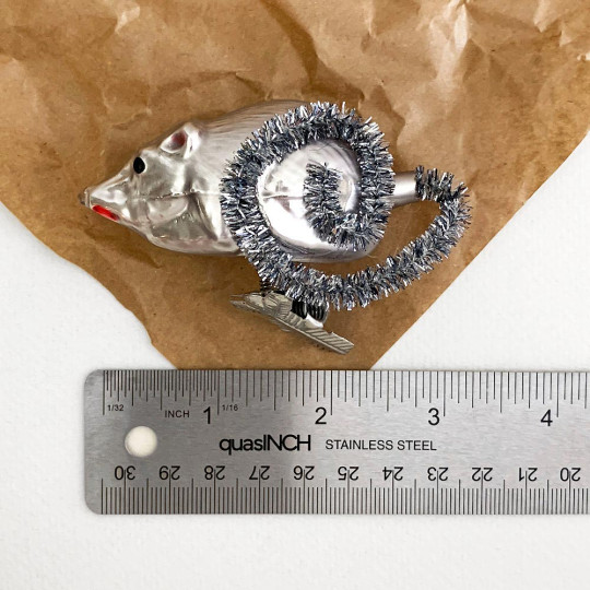 Mouse with Tinsel Tail Clipping Blown Glass Ornament ~ Germany ~ 3" long