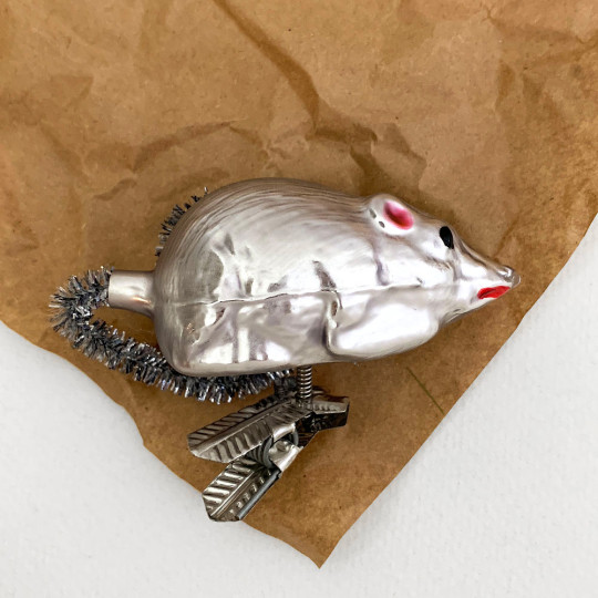 Mouse with Tinsel Tail Clipping Blown Glass Ornament ~ Germany ~ 3" long