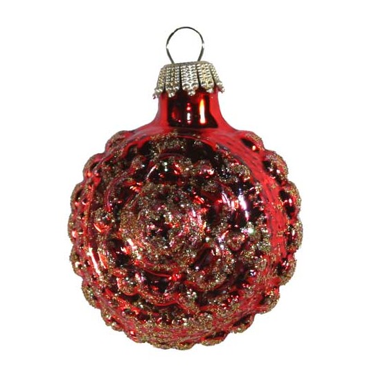 Shiny Red Blown Glass Glittered Star and Flower Ornament ~ Germany