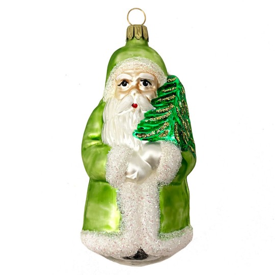 Large Matte Green Santa with Tree Blown Glass Ornament ~ Germany ~ 4-1/2" tall
