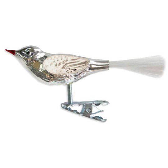 Silver with Matte White Clipping Bird Ornament ~ Germany ~ 3-3/4" long