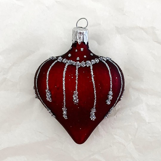 Burgundy Glittered Heart Ornament ~ Czech Republic ~ 2-1/2" tall