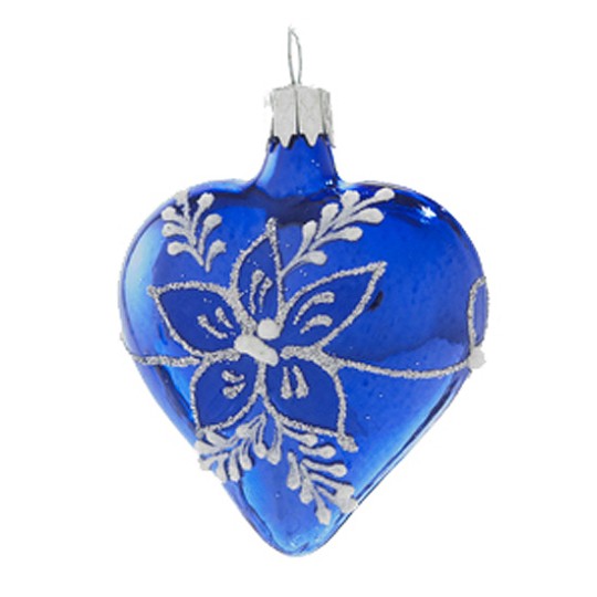 Blue Floral Heart Ornament ~ Czech Republic ~ 2-1/2" tall