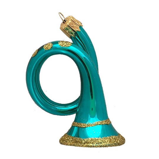 Shiny Aqua Horn Blown Glass Ornament ~ Czech Republic ~ 3" tall