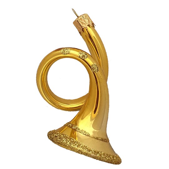 Shiny Gold Horn Blown Glass Ornament ~ Czech Republic ~ 3" tall