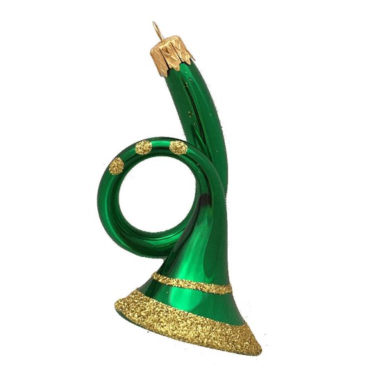 Shiny Green Horn Blown Glass Ornament ~ Czech Republic ~ 3" tall