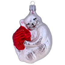 White Cat with Yarn Ball Glass Ornament ~ Czech Republic ~ 3-1/2" tall
