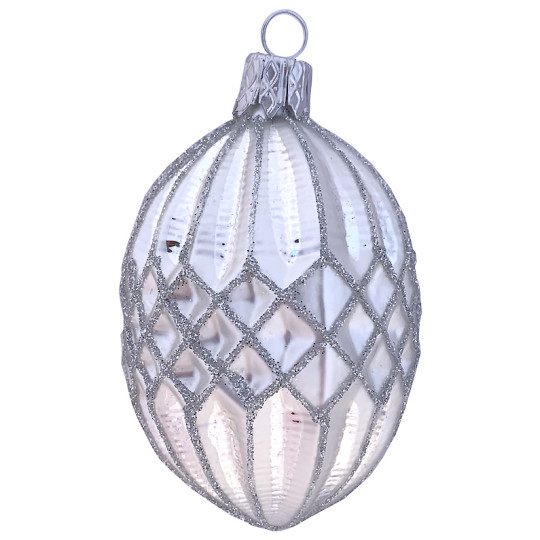 Matte White Glittered Quilted Blown Glass Ornament ~ Czech Republic ~ 3" tall