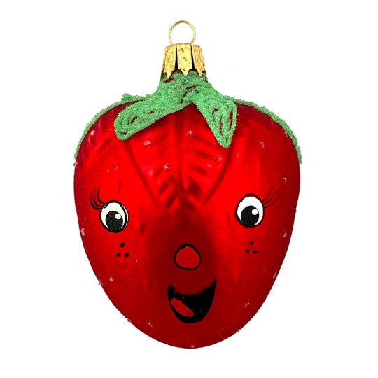 Smiling Strawberry Blown Glass Ornament ~ Czech Republic ~ 2-1/2" long