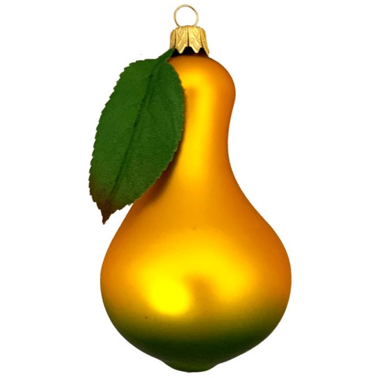 Large Matte Golden Pear Ornament with Green Leaf ~ Czech Republic ~ 4" long