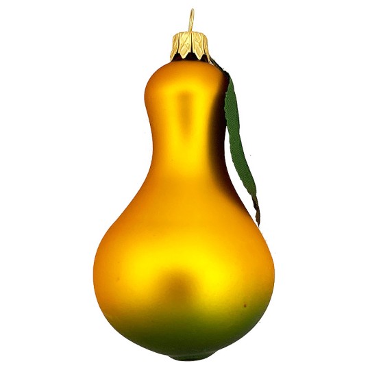 Large Matte Golden Pear Ornament with Green Leaf ~ Czech Republic ~ 4" long