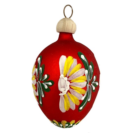 Folkloric Red Egg with Flowers Blown Glass Ornament ~ Czech Republic ~ 2-1/2" tall