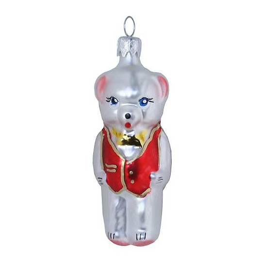 Bear with Red Vest Glass Ornament ~ Czech Republic ~ 2-3/4" tall