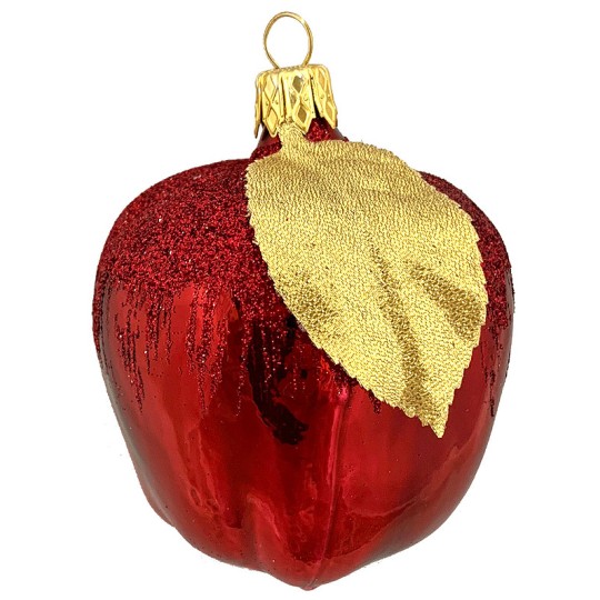 Large Red Apple Ornament with Leaf ~ Czech Republic ~ 3" long