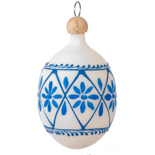 Folkloric Blue and White Flowers Blown Glass Egg Ornament ~ Czech Republic ~ 2-1/2" tall