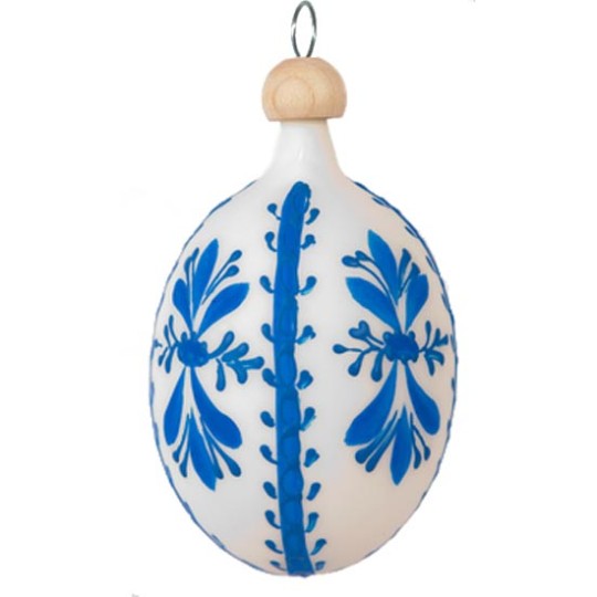 Folkloric Blue and White Blown Glass Egg Ornament ~ Czech Republic ~ 2-1/2" tall