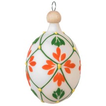 Folkloric White and Orange Floral Blown Glass Egg Ornament ~ Czech Republic ~ 2-1/2" tall