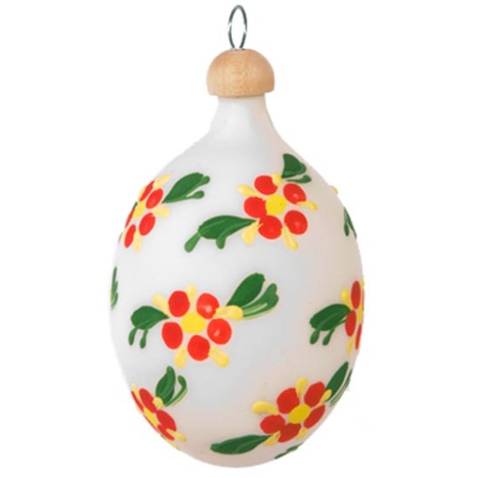White and Orange Floral Blown Glass Egg Ornament ~ Czech Republic ~ 2-1/2" tall