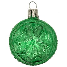 Green Blown Glass Geometric Star Ball Ornament ~ Germany ~ 2-1/4" ~ Half Clear/ Half Silvered