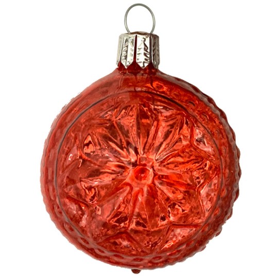 Red Blown Glass Geometric Star Ball Ornament ~ Germany ~ 2-1/4" ~ Half Clear/ Half Silvered