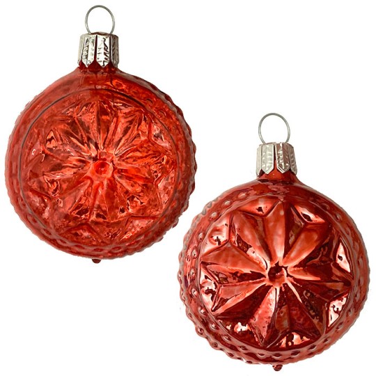 Red Blown Glass Geometric Star Ball Ornament ~ Germany ~ 2-1/4" ~ Half Clear/ Half Silvered