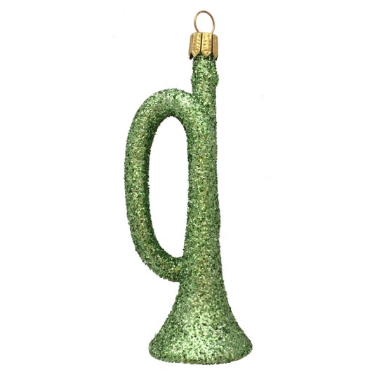 Lime Green Glittered Horn Blown Glass Ornament ~ Germany ~ 3-3/4" tall