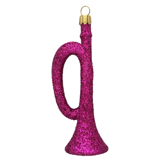 Magenta Glittered Horn Blown Glass Ornament ~ Germany ~ 3-3/4" tall