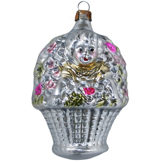 Girl in Flower Basket Blown Glass Ornament ~ Germany ~ 3-1/2" tall