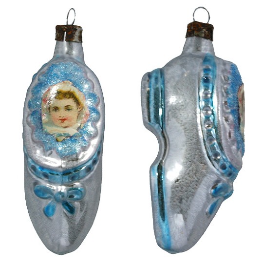 Baby in Blue Shoe Blown Glass Ornament ~ Germany ~ 3-1/2" tall
