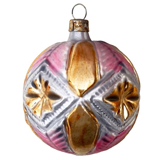 Gold and Pink Geometric Star Ball Glass Ornament ~ Germany ~ 2-1/2" tall