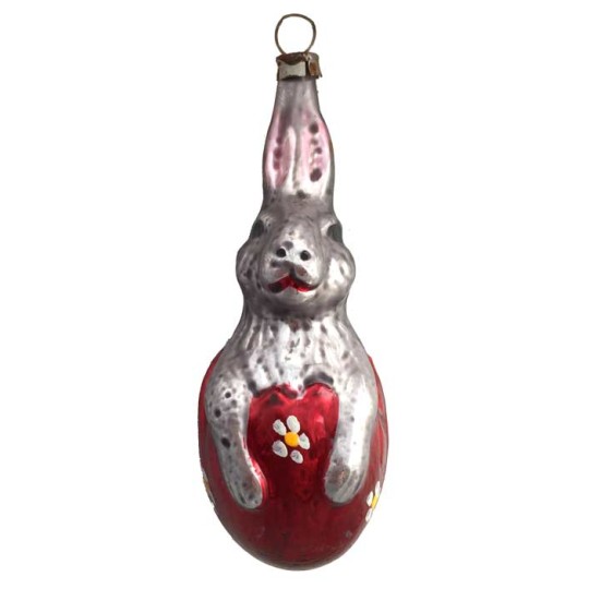 Easter Bunny in Red Egg Blown Glass Ornament ~ Germany ~ 3-3/4" tall