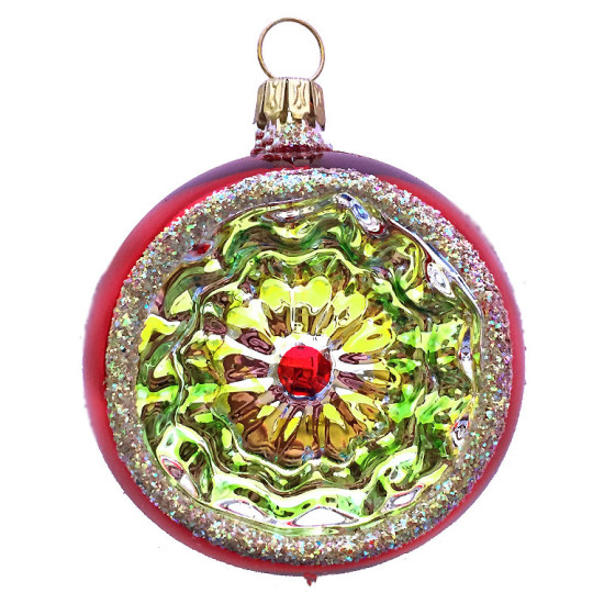 Red and Silver Floral Indent Ornament ~ Germany ~ 2-1/4" across