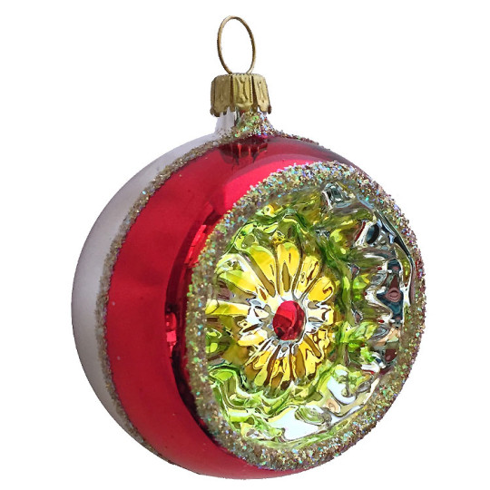Red and Silver Floral Indent Ornament ~ Germany ~ 2-1/4" across