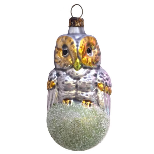 Owl on Snowball Blown Glass Ornament ~ Germany ~ 3-1/2" tall