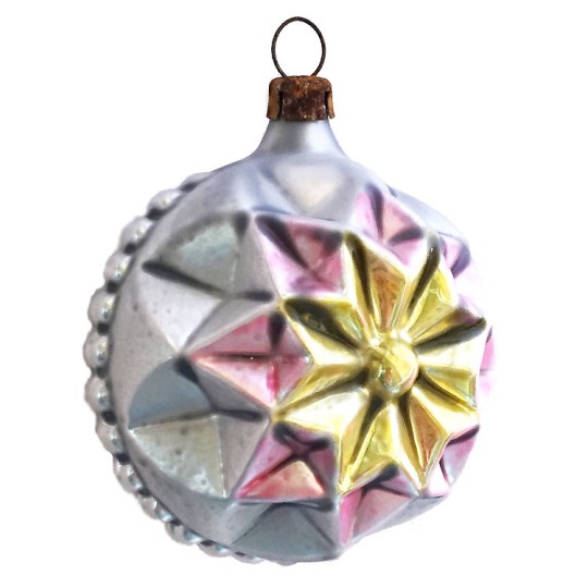 Gold and Pink Geometric Star Ball Glass Ornament ~ Germany ~ 2-3/4" tall