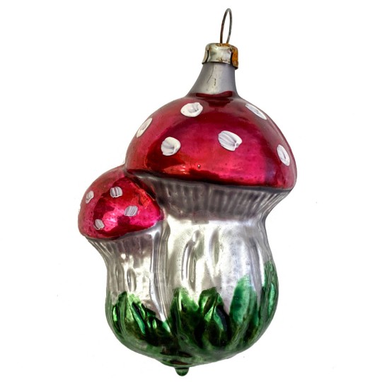 Double Mushrooms Blown Glass Ornament ~ Germany ~ 3" tall