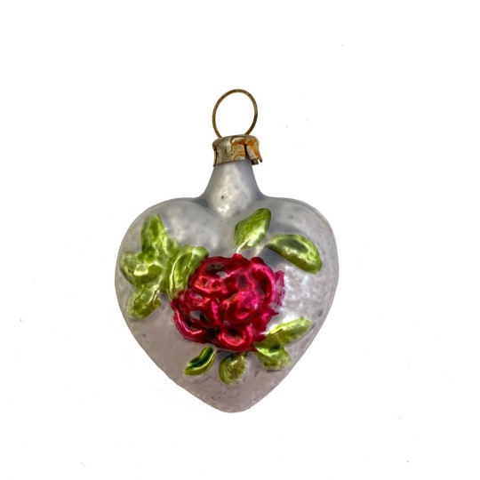 Mini Heart with Rose Blown Glass Ornament ~ Germany ~ 1-3/4" tall