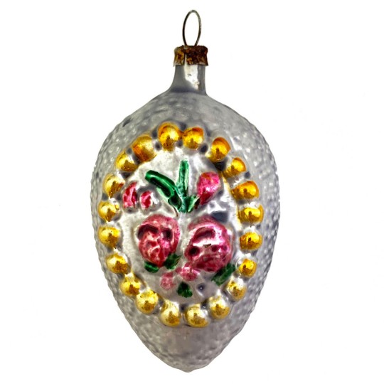 Large Rose and Cross Egg Glass Ornament ~ Germany ~ 3" tall