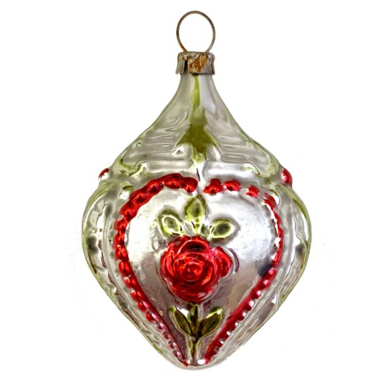 Fancy Rose Heart Blown Glass Ornament ~ Germany ~ 2-5/8" tall