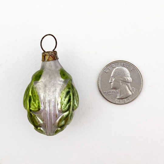 Petite Green and SIlver Nut with Leaves Ornament ~ Germany ~1-7/8" tall