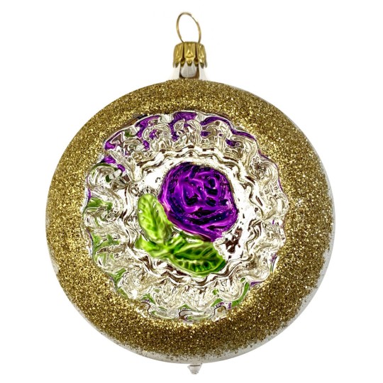 Purple Rose Silver Reflector Indent Ornament ~ Germany ~ 3" across