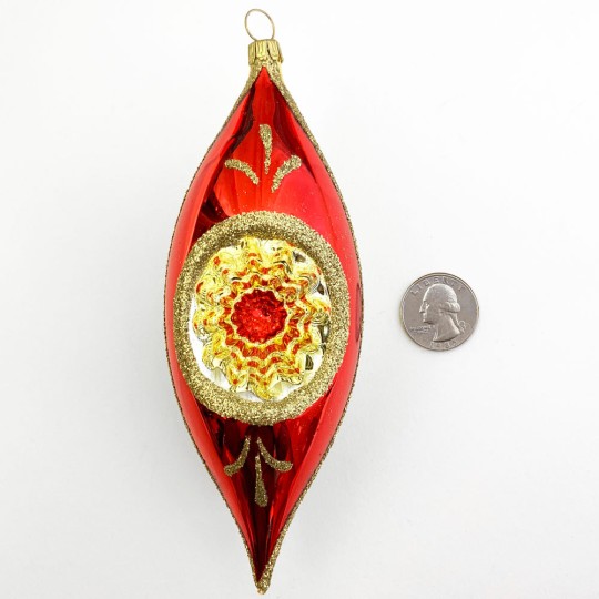Glossy Red and Gold Indent Drop Ornament ~ Germany ~ 5-1/4" tall