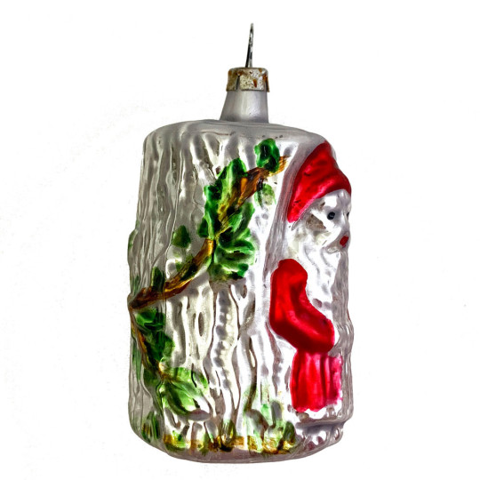 Santa on Tree Stump Blown Glass Ornament ~ Germany ~ 2-3/4" tall