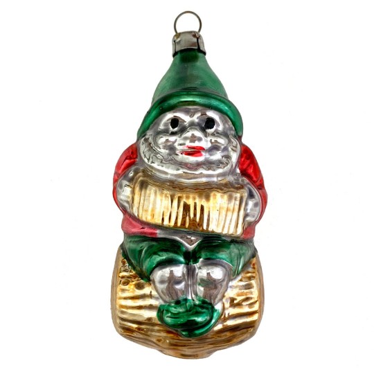 Gnome Playing Accordion on Log Blown Glass Ornament ~ Germany ~ 3-3/4" tall