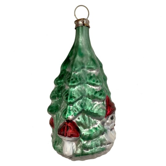 Gnome and Mushroom Tree Blown Glass Ornament ~ Germany ~ 3" tall