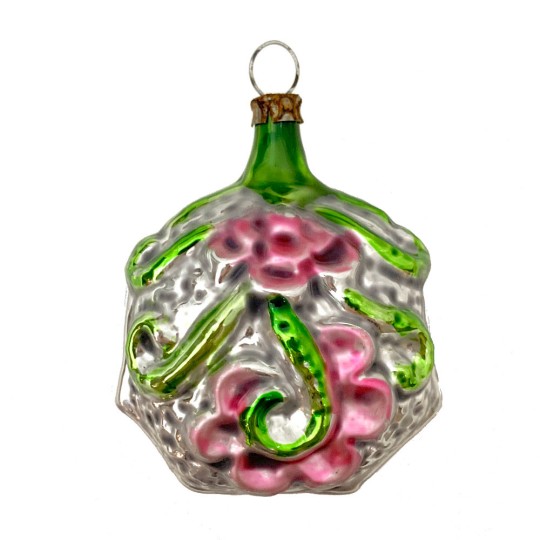 Green and Pink Flower Vine Glass Ornament ~ Germany ~ 2-5/8" tall