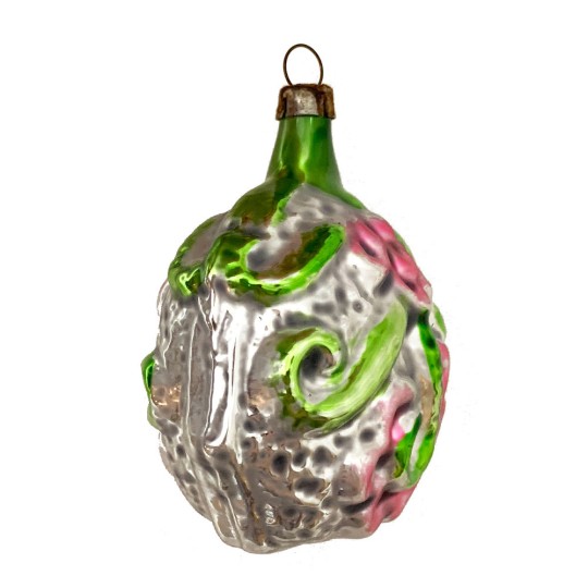 Green and Pink Flower Vine Glass Ornament ~ Germany ~ 2-5/8" tall